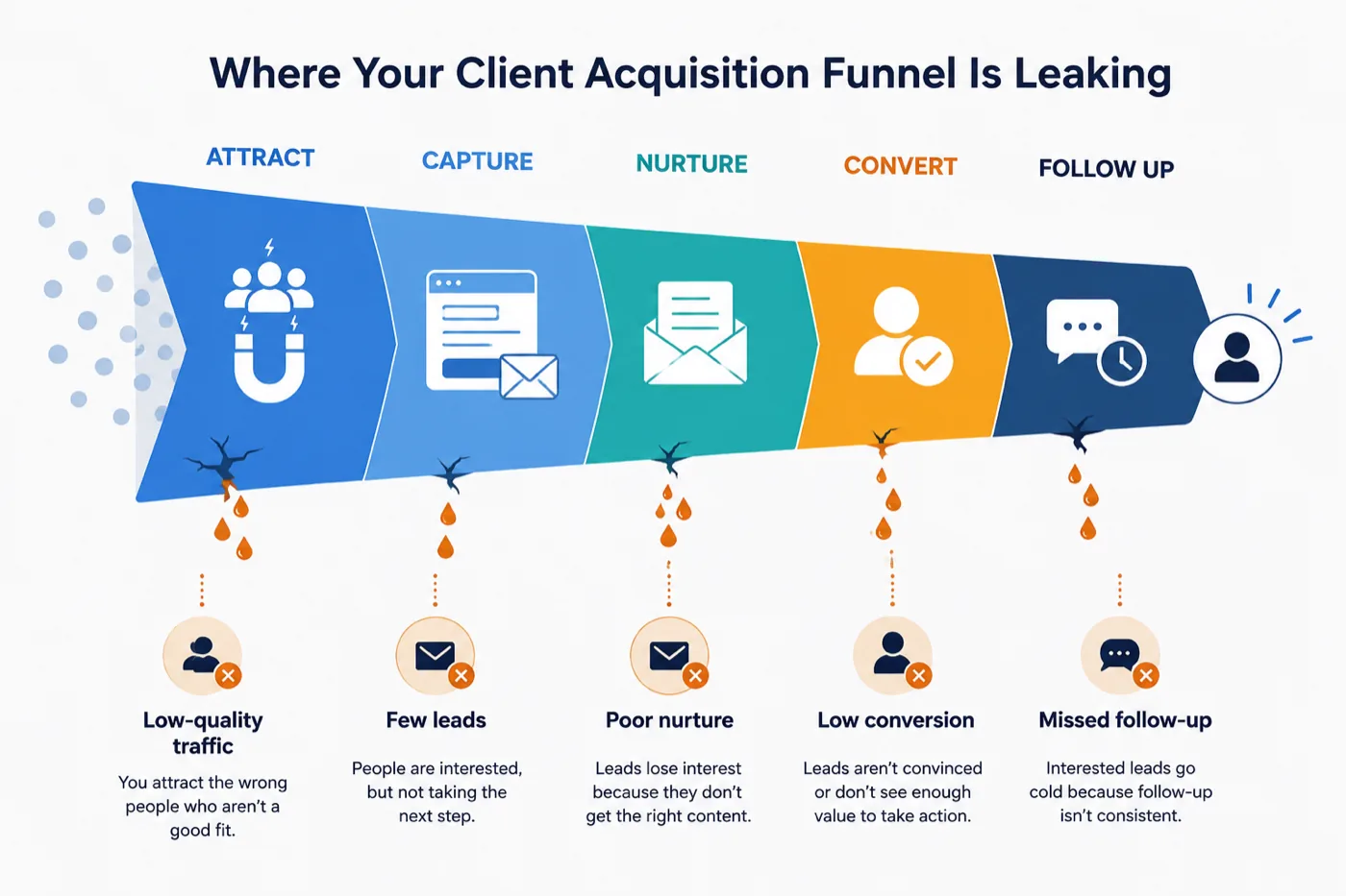 Where your client acquisition funnel is leaking: low-quality traffic, few leads, poor nurture, low conversion, missed follow-up