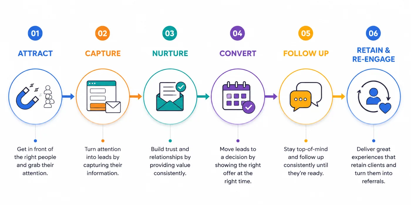 The six stages of a client acquisition system: attract, capture, nurture, convert, follow up, retain and re-engage