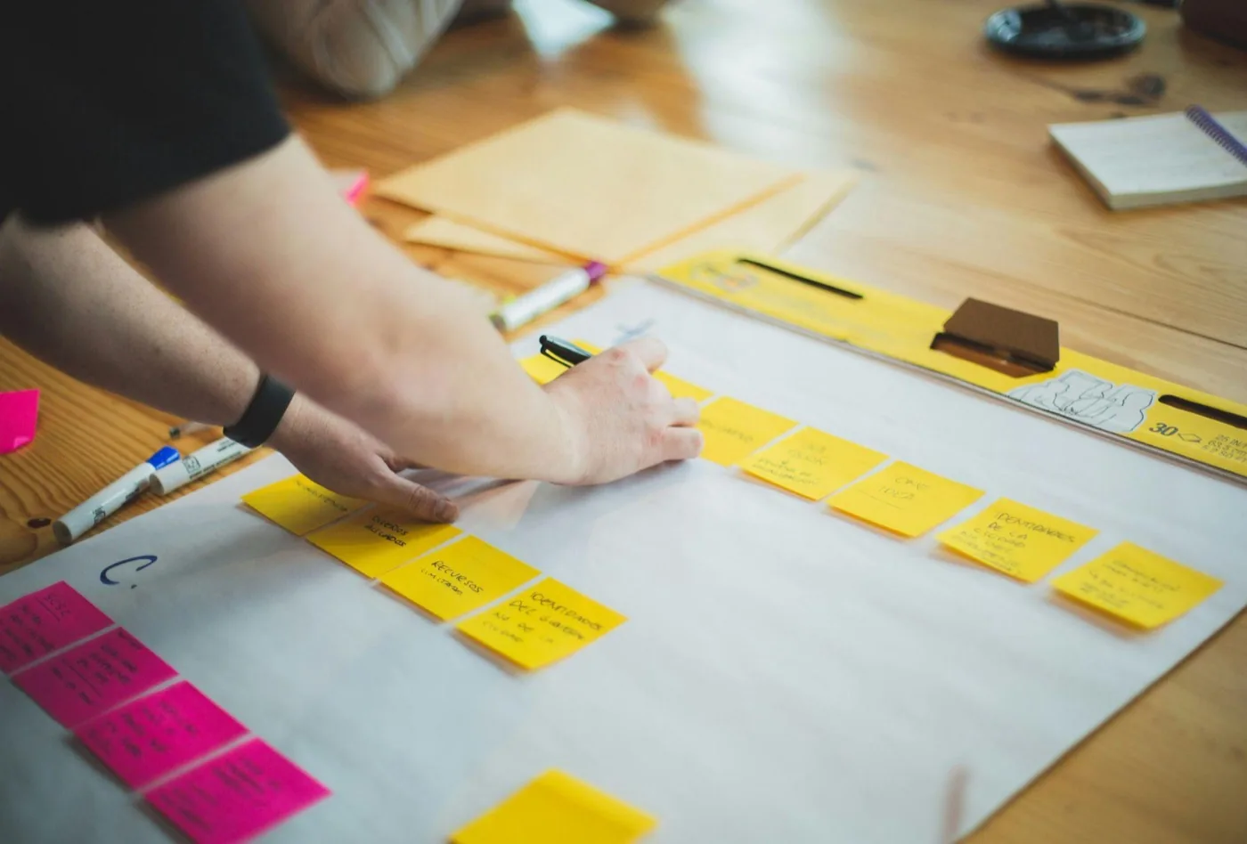 Hands arranging yellow and pink sticky notes on a large paper planning sheet