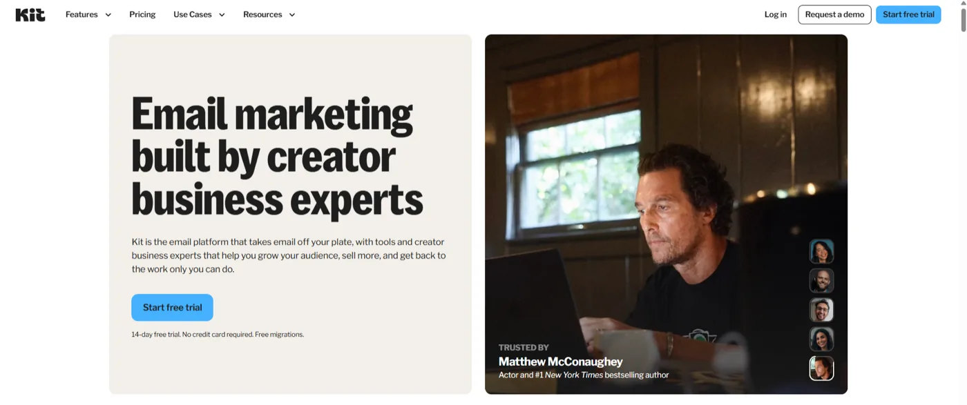 The Kit homepage, positioned as email marketing built by creator business experts