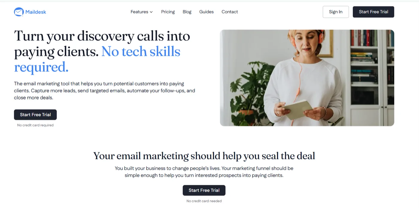 The Maildesk homepage, positioned around turning discovery calls into paying clients