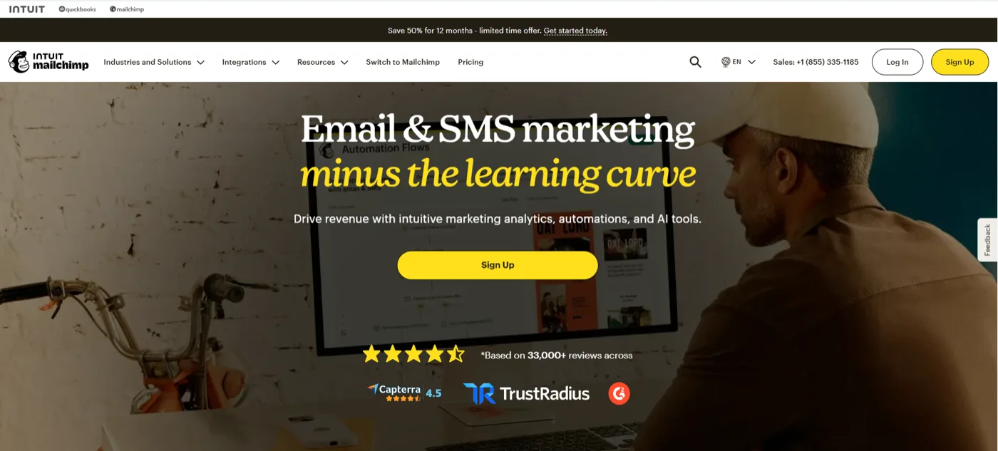 The Mailchimp homepage, positioning the product as email and SMS marketing